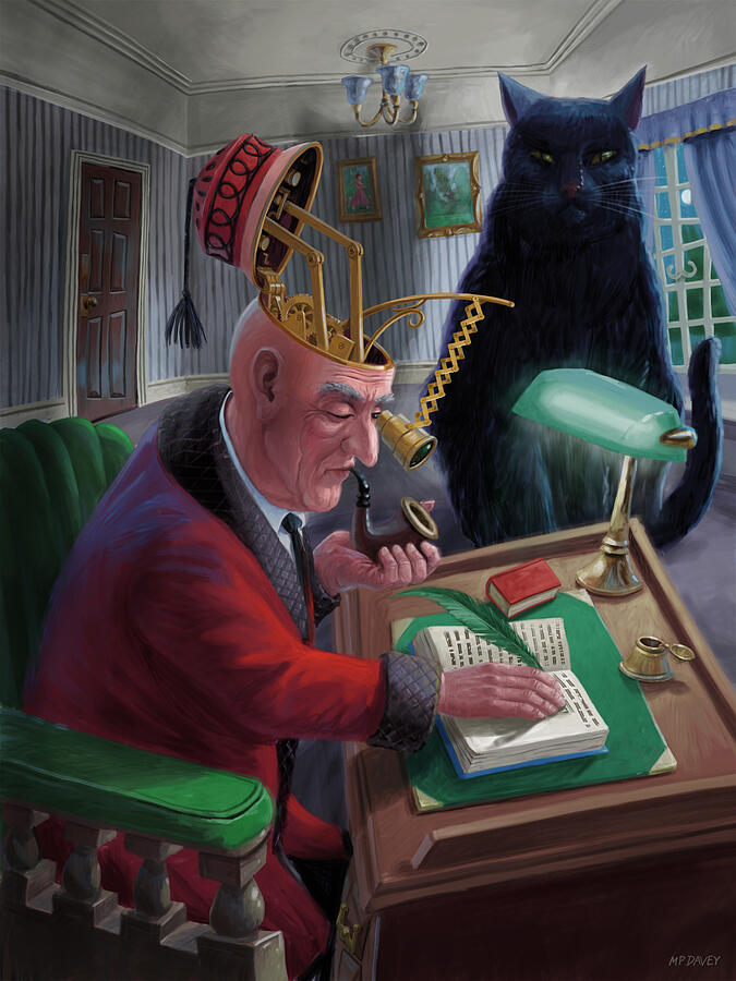 Victorian author at writing desk with giant cat Digital Art by Martin Davey