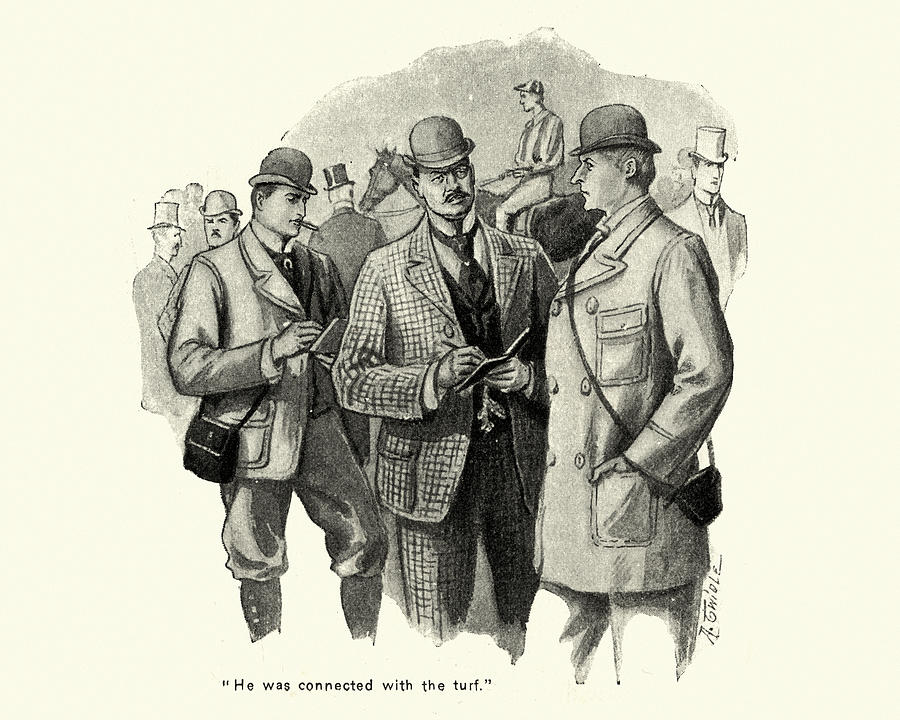 Victorian bookmakers taking bets at a racecourse 1890s, 19th Century Drawing by Duncan1890
