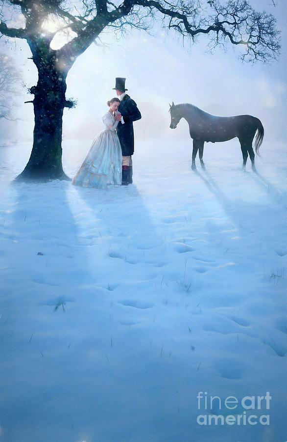Winter Photograph - Victorian couple meeting under a tree in winter snow by Lee Avison