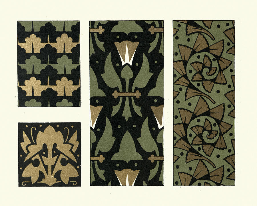 Victorian floral design pattern, Green, Black, Gold, 19th Century Drawing by Duncan1890