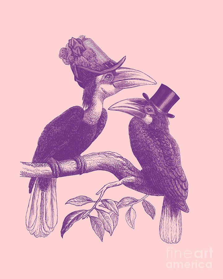 Hornbill Digital Art - Victorian hornbills in pink and purple by Madame Memento