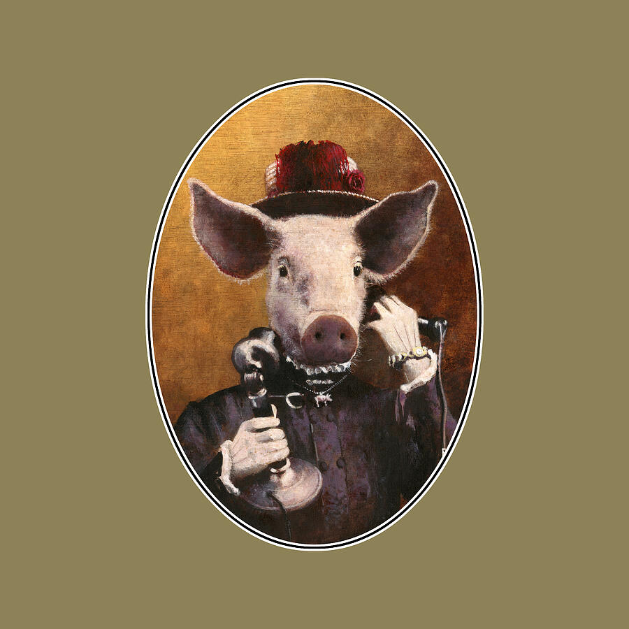 Victorian Pig Lady On Phone Oval Mixed Media by Michael Thomas