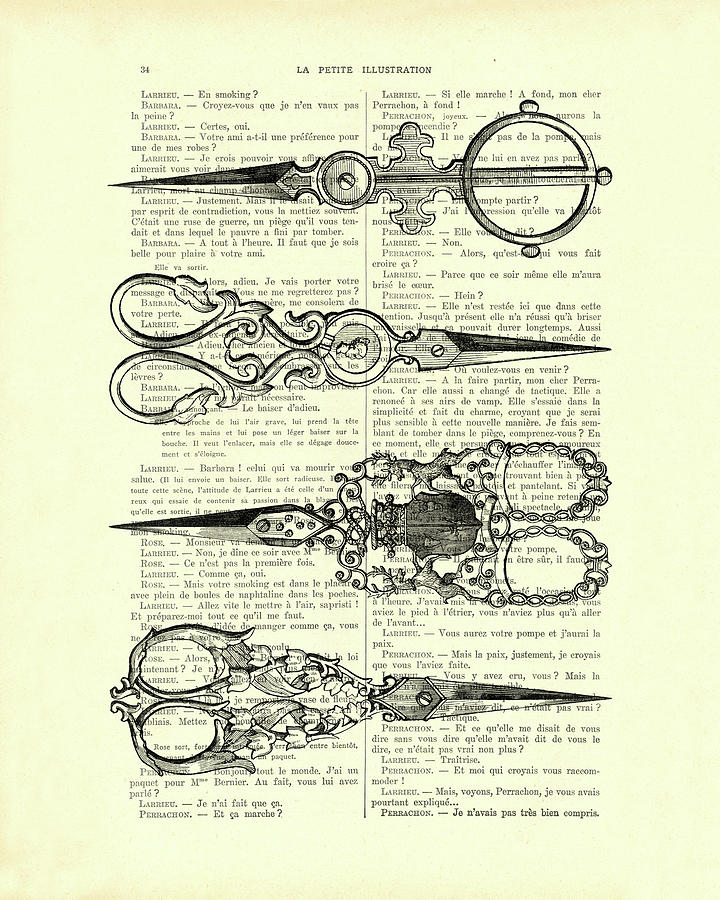 Black And White Mixed Media - Victorian set of sewing scissors in black and white by Madame Memento