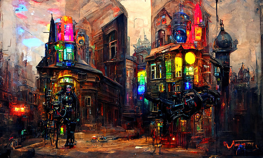 Victorian Steampunk City, 01 Painting by AM FineArtPrints