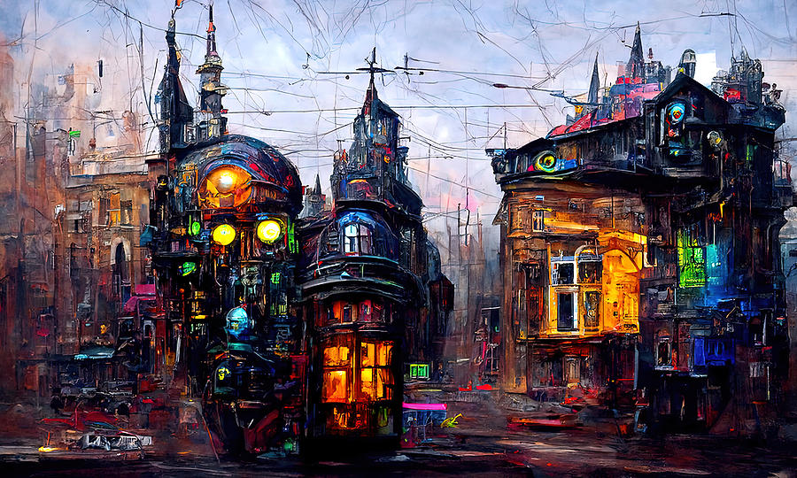 Victorian Steampunk City, 02 Painting by AM FineArtPrints