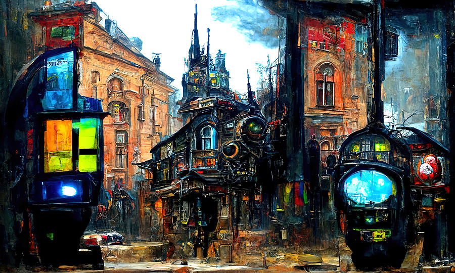 Victorian Steampunk City, 03 Painting by AM FineArtPrints