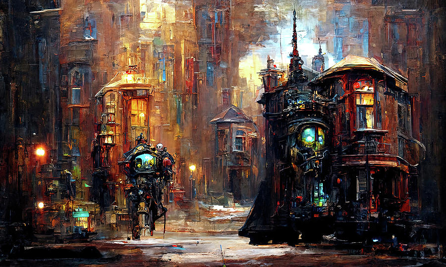 Victorian Steampunk City, 06 Painting by AM FineArtPrints