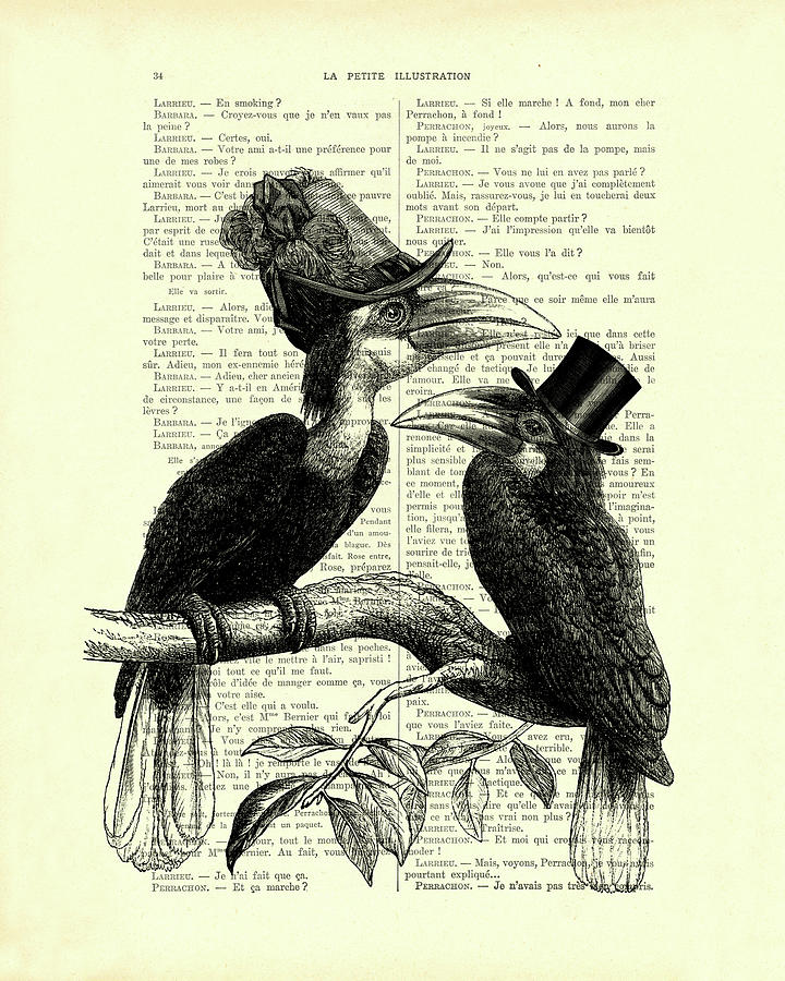 Hornbill Digital Art - Victorian style hornbill bird couple by Madame Memento