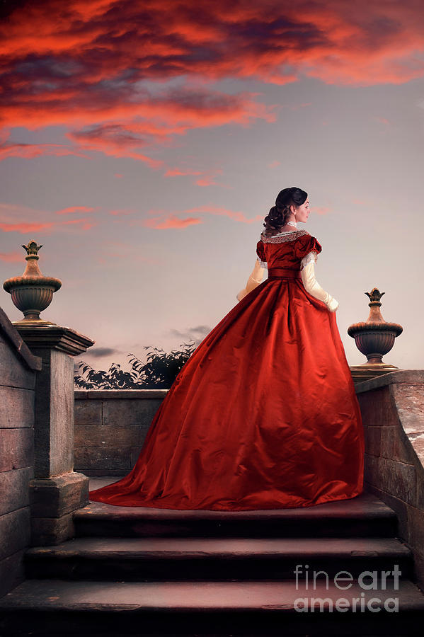 Victorian Woman At Sunset In A Scarlet Dress Photograph by Lee Avison