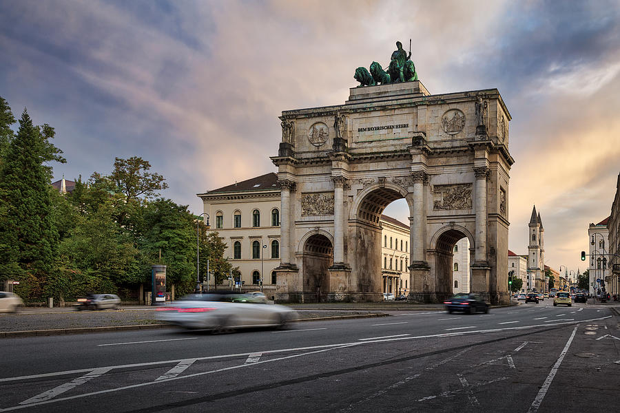 Victory Gate with City traffic, Munich, Bavaria, Germany Photograph by Harald Nachtmann