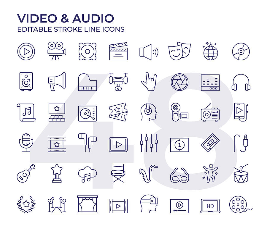 Video And Audio Line Icons Drawing by Illustrator de la Monde