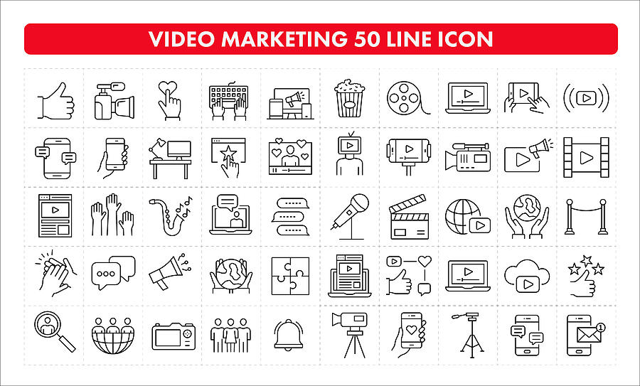 Video Marketing 50 Line Icon Drawing by Studiostockart