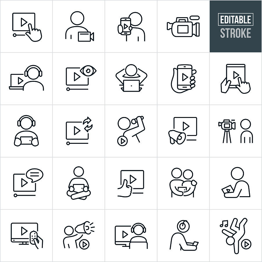 Video Thin Line Icons - Editable Stroke Drawing by Appleuzr