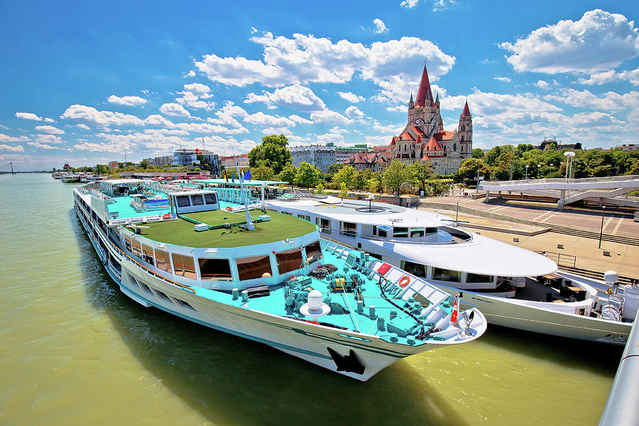 Vienna. Franz von Assisi church and river cruiser on Danube rive by Brch Photography Vienna. Franz von Assisi church and river cruiser on Danube rive by Brch Photography