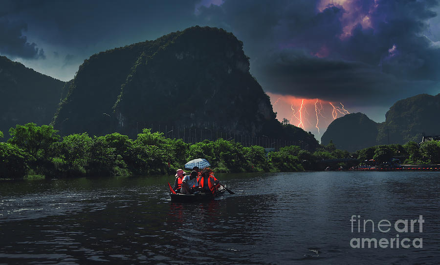 Inspirational Digital Art - Vietnam Tam Coc Ninh Binh River Raft Thunder  by Chuck Kuhn