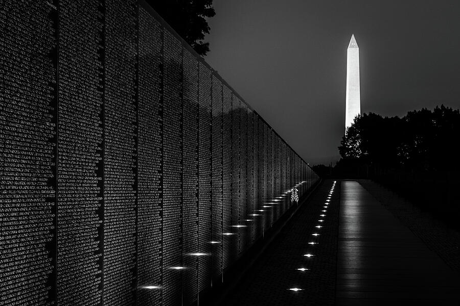 Vietnam Veterans Memorial at Night in Black and White Photograph by Elvira Peretsman