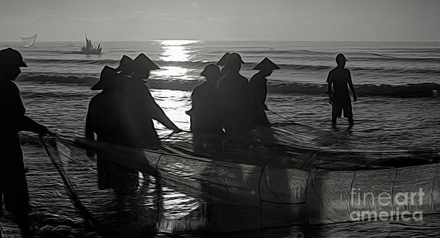 Fish Photograph - Vietnamese Fishermen Bring in the New BW  by Chuck Kuhn