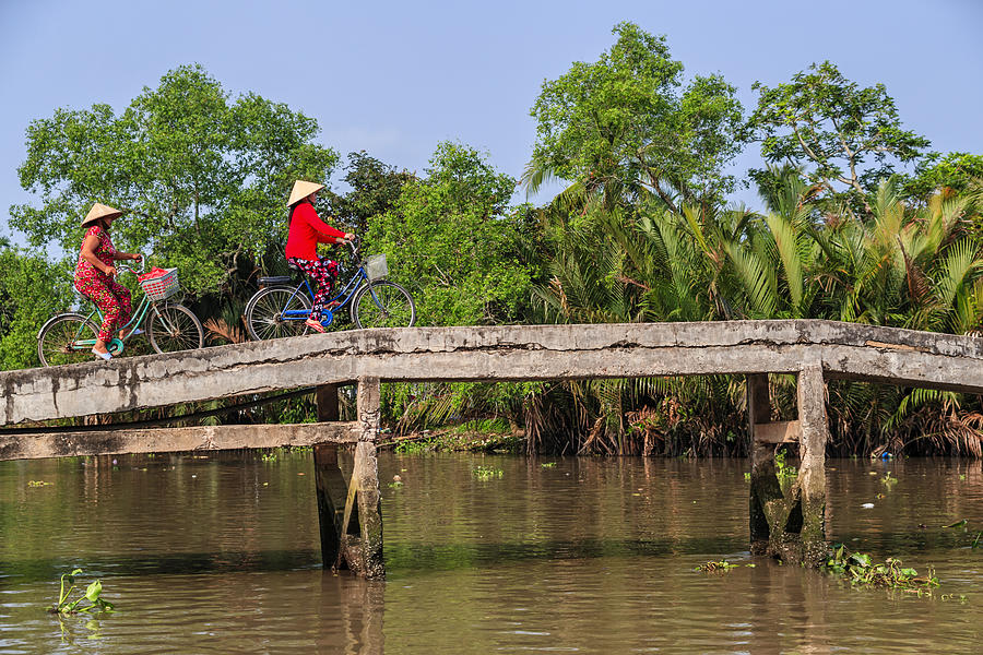 Vietnamese women riding a bicycle, Mekong River Delta, Vietnam Photograph by Hadynyah