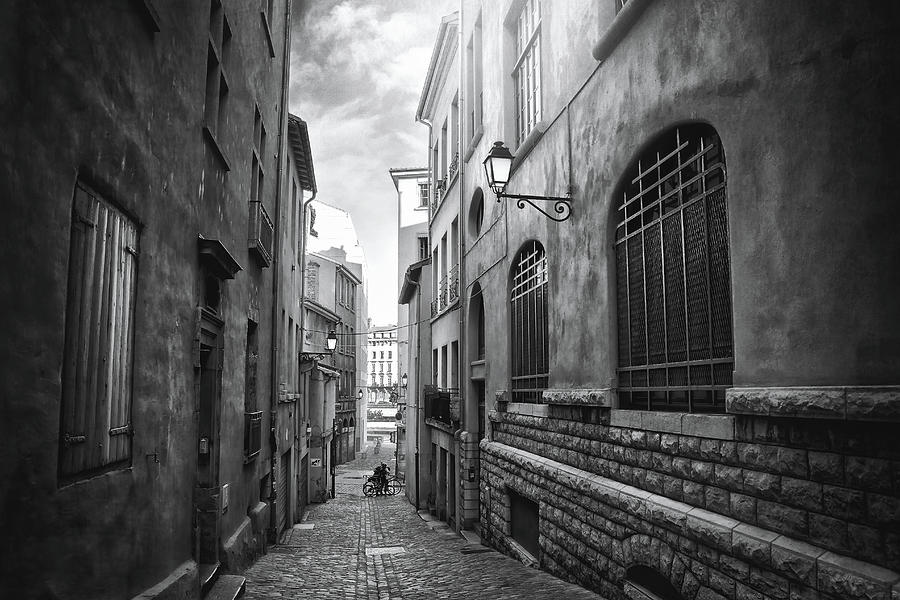 Vieux Lyon France Rue Vieil Renverse Black and White  Photograph by Carol Japp