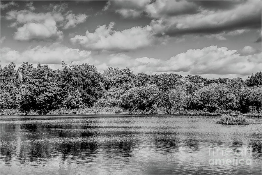 View across fishing lake in monochrome Photograph by Pics By Tony