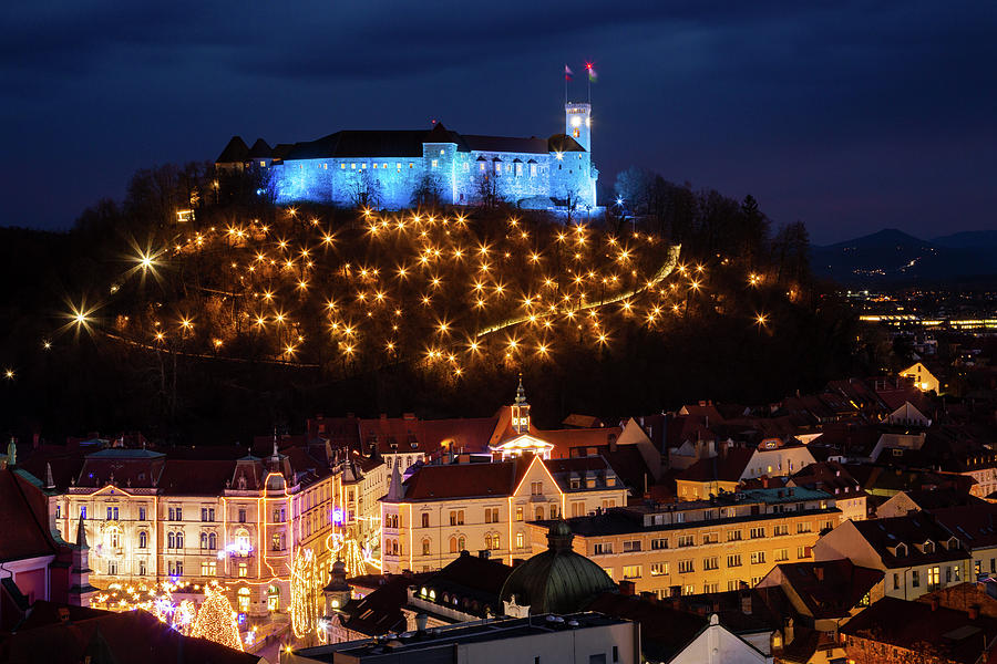 View across Ljubljana at Christmas Photograph by Ian Middleton