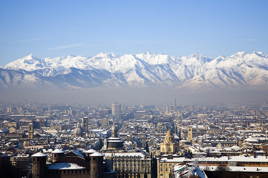 View across snow covered mountains, Turin, Italy Photograph by Tim E White