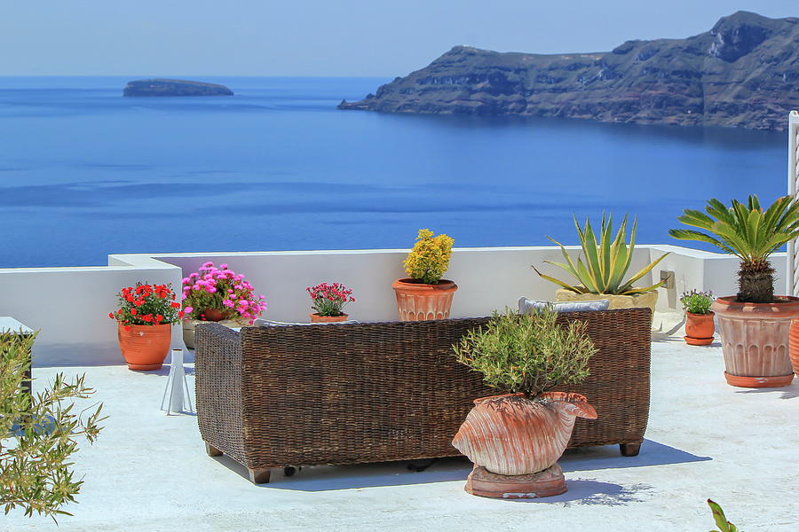 View from a balcony at Oia village in the Caldera, Greece Photograph by Elenarts - Elena Duvernay photo