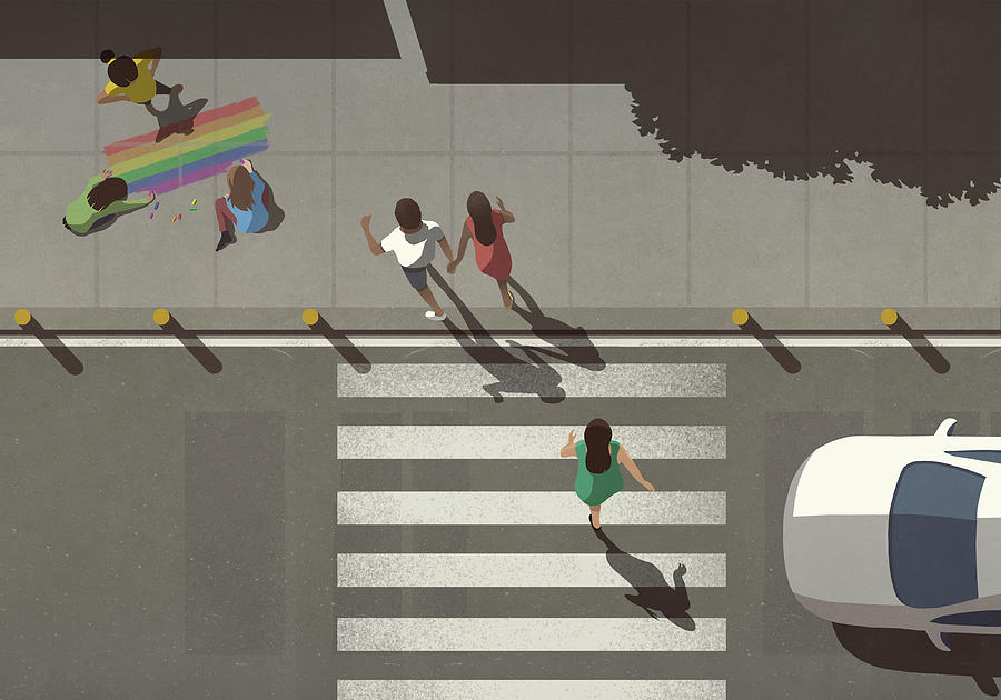 View from above pedestrians crossing street by kids coloring rainbow on sidewalk Drawing by Malte Mueller