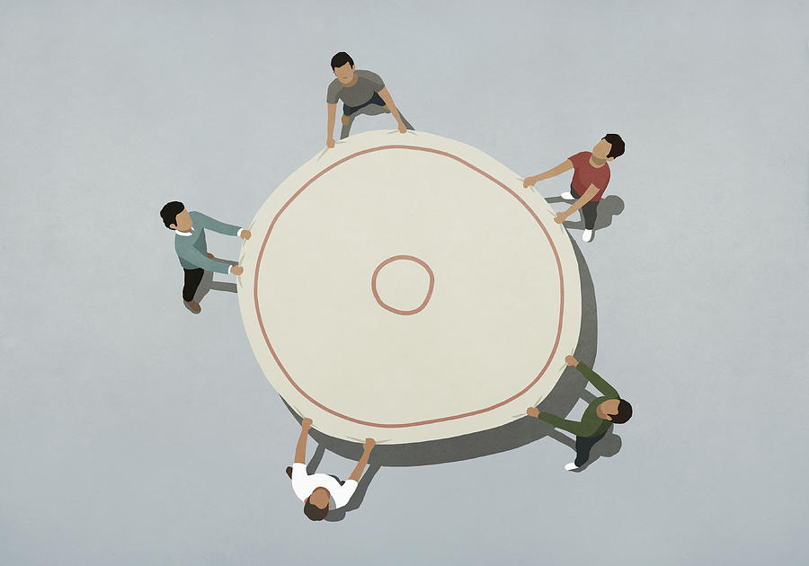 View from above team holding safety net Drawing by Malte Mueller