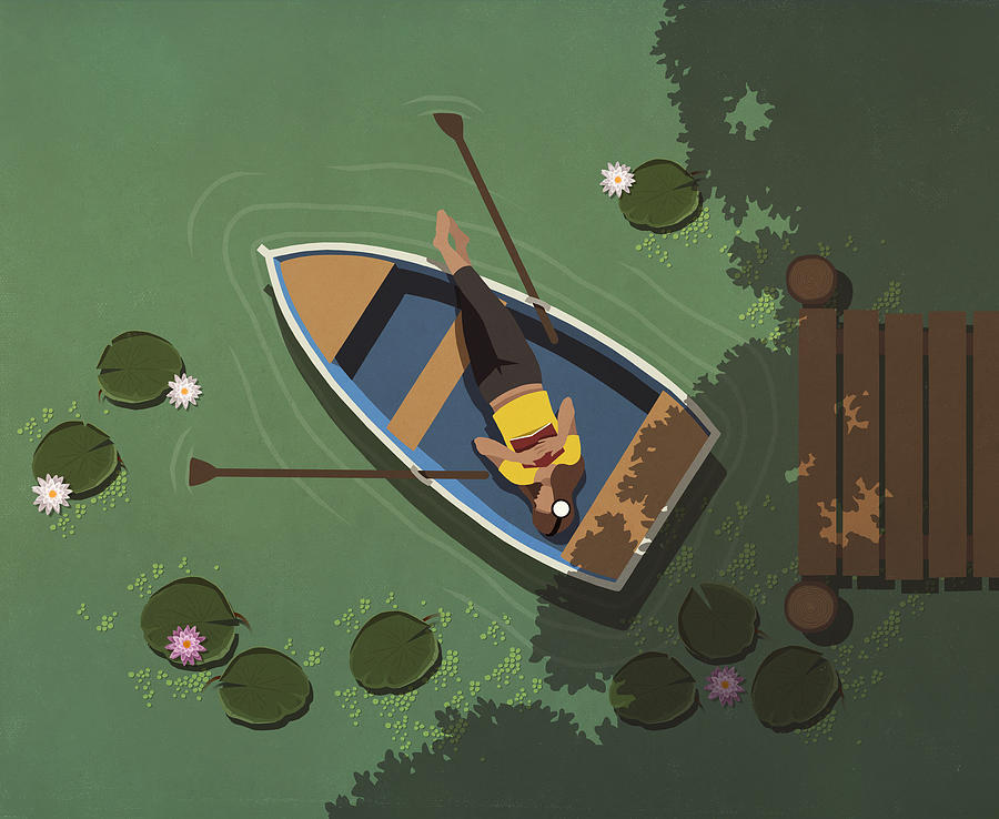 View from above woman relaxing in boat on lily pond Drawing by Malte Mueller