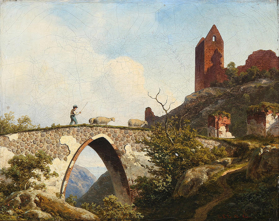View from Hammershus on Bornholm with a shepherd crossing a bridge Painting by Georg Emil Libert