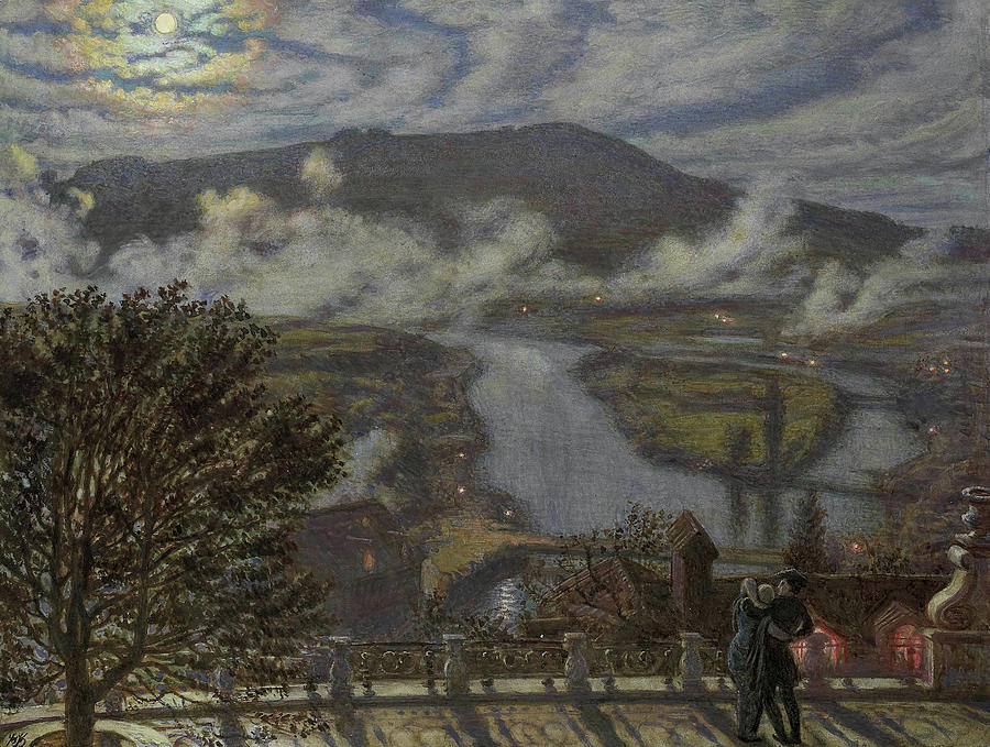 William Holman Hunt Painting - View from terrace of river landscape at night by William Holman Hunt