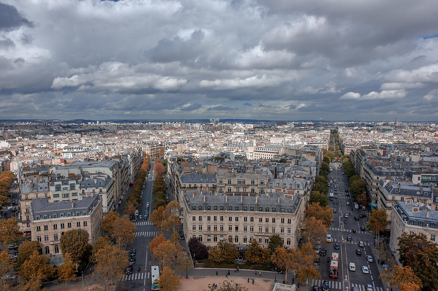 View from The Arc de Triomphe - one of the most famous monuments in Paris. It stands in the centre of the Place Charles de Gaulle. Photograph by Shaifulzamri