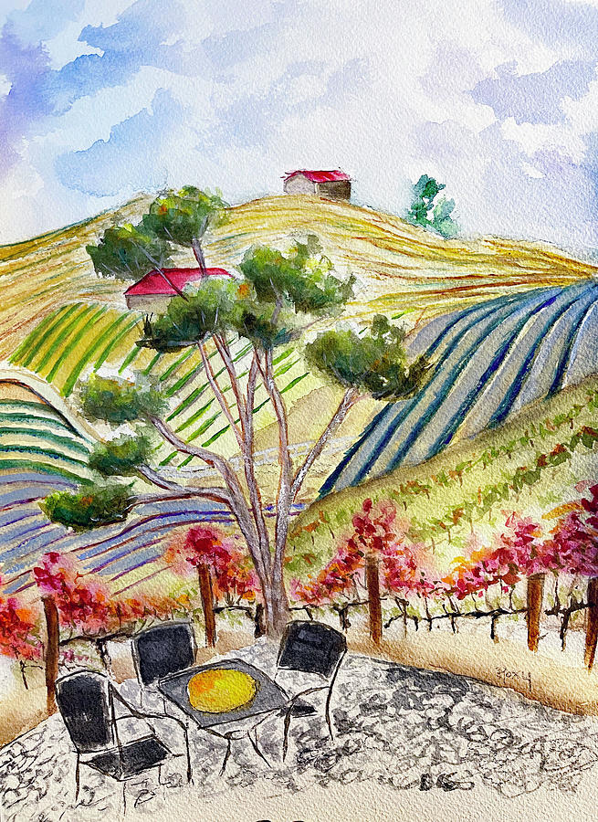 View from the patio at Gershon Bachus Vintners Painting by Roxy Rich