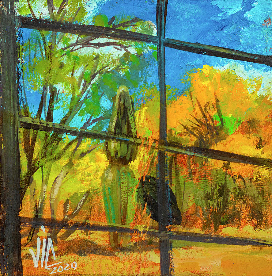 View from the window in Tucson Arizona United States painting on vellum by Vali Irina Ciobanu Painting by Vali Irina Ciobanu
