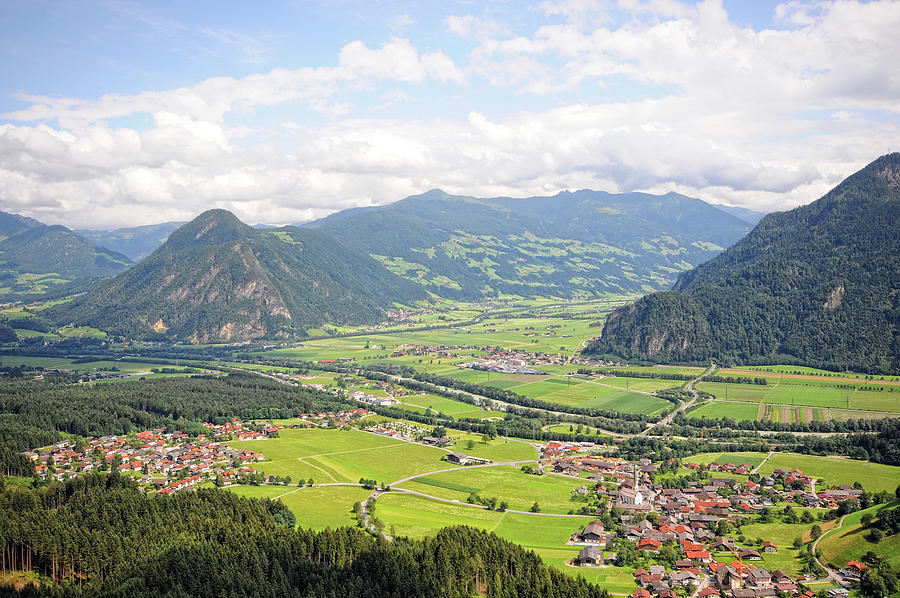 View into the zillertal valley with its villages and meadows in ...