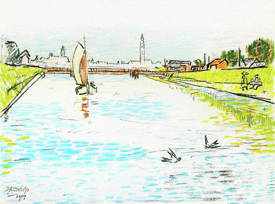 Impressionism Painting - View of a Canal with a Sailing Ship - Digital Remastered Edition by Jan Toorop