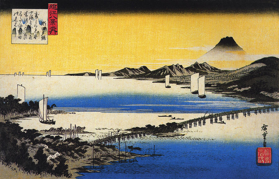 View of a long bridge across a lake, from Eight Views of Omi ,Hiroshige Painting by Artistic Rifki