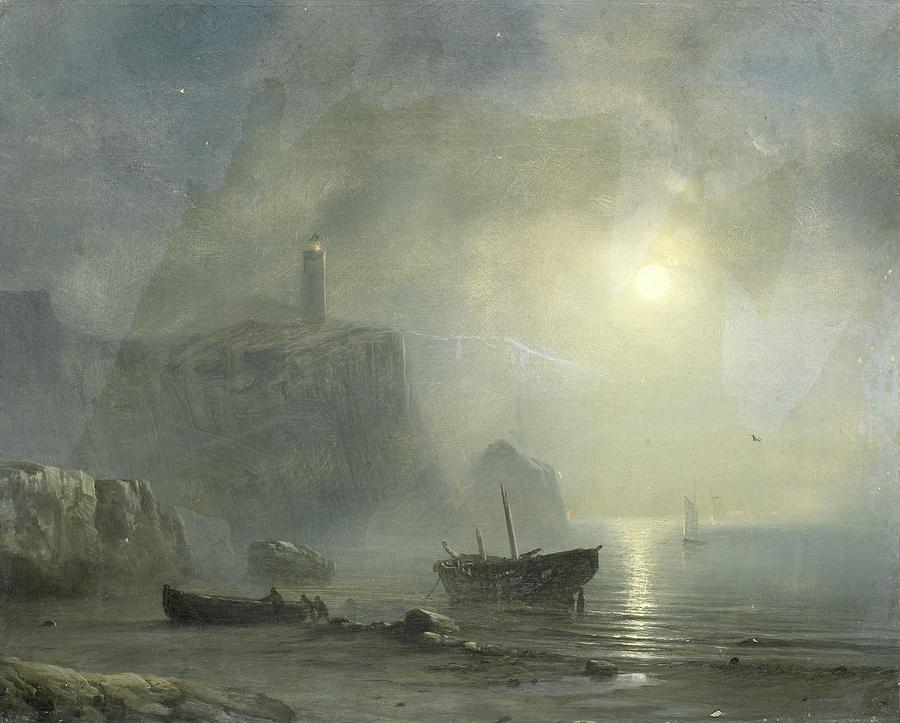 Landscape Drawing - View of a Rocky Coast by Moonlight    art by Theodore Gudin French