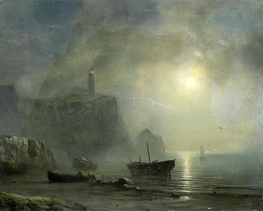 View of a Rocky Coast by Moonlight Painting by Theodore Gudin