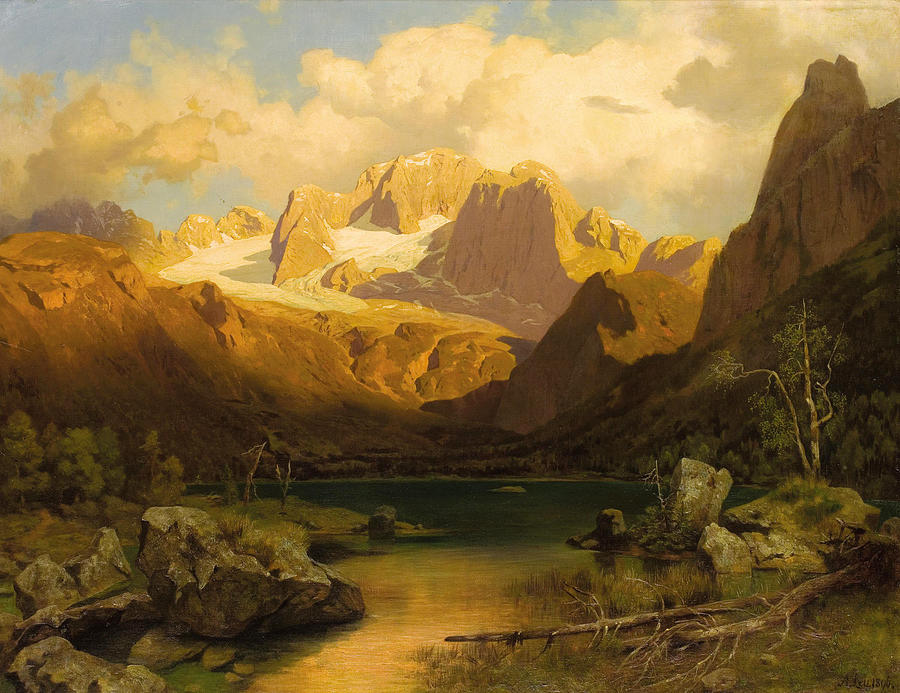 View of an alpine mountain peak Painting by August Wilhelm Leu