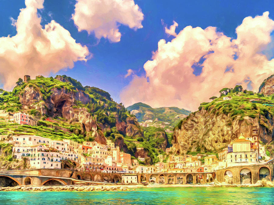 View of Atrani from the Harbor Painting by Dominic Piperata