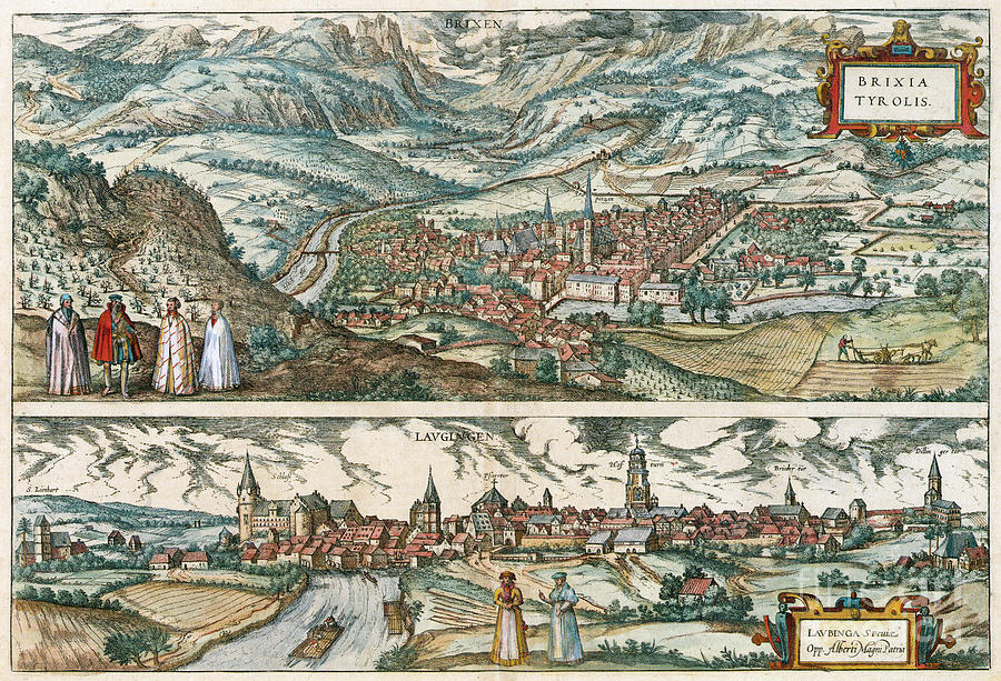 View Of Bressanone And Lauingen,  1588 Drawing by Georg Braun and Franz Hogenberg