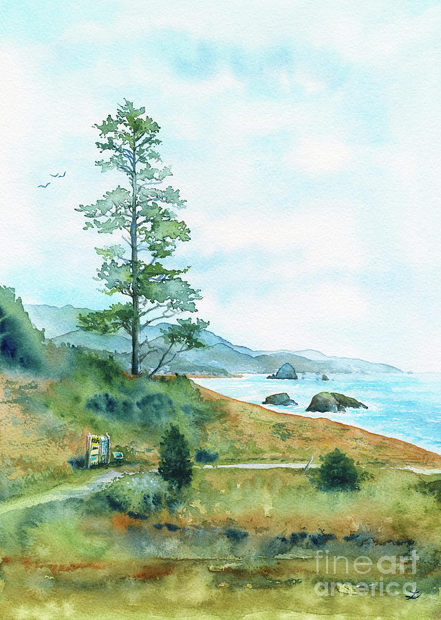 View of Cannon Beach from Ecola State Park, Oregon Painting by Zaira Dzhaubaeva