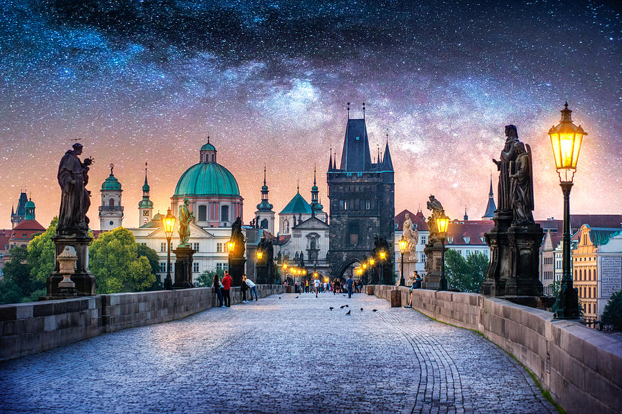 View of Charles Bridge in Prague at night with milky way. Czech Republic Photograph by Eloi_Omella
