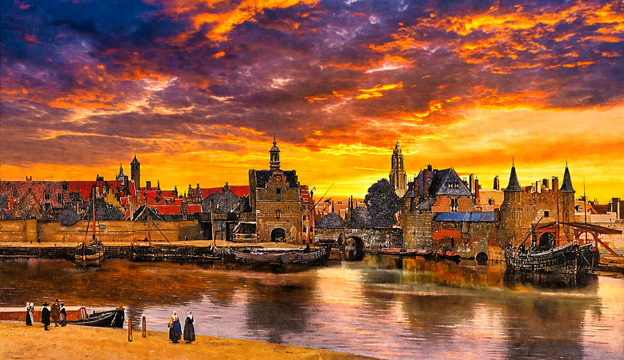 View of Delft by Johannes Vermeer, with a sunrise sky - cropped version Digital Art by Nicko Prints