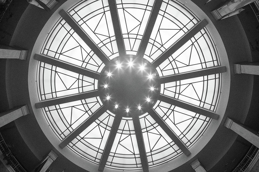 View of dome in the New Mexico state capitol building in black and white Photograph by Eldon McGraw