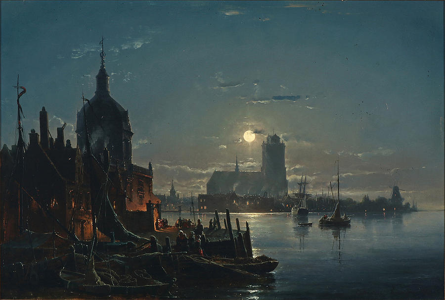 View of Dordrecht in moonlight Painting by Carl Frederik Sorensen