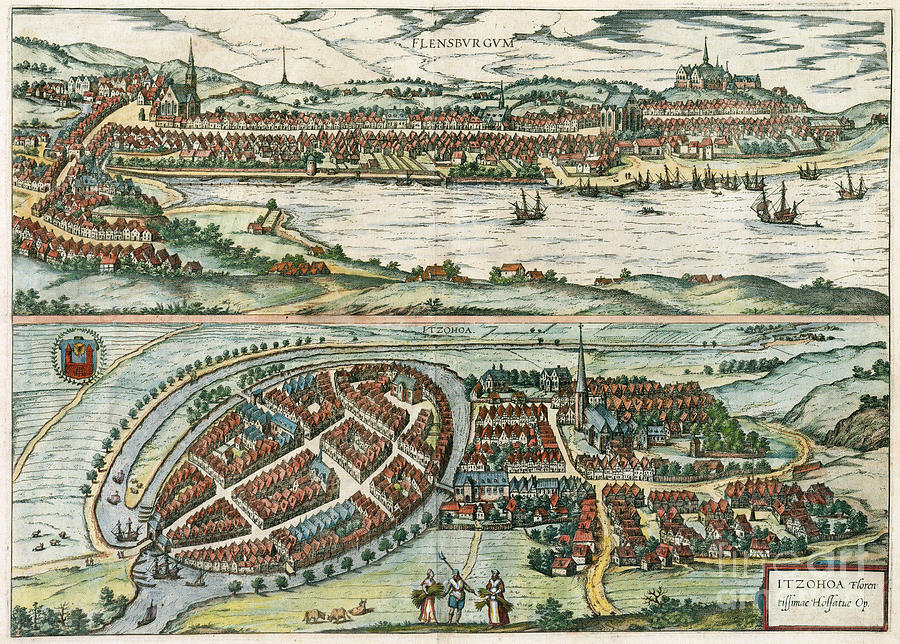 View Of Flensburg And Itzehoe, 1588 Drawing by Georg Braun and Franz Hogenberg