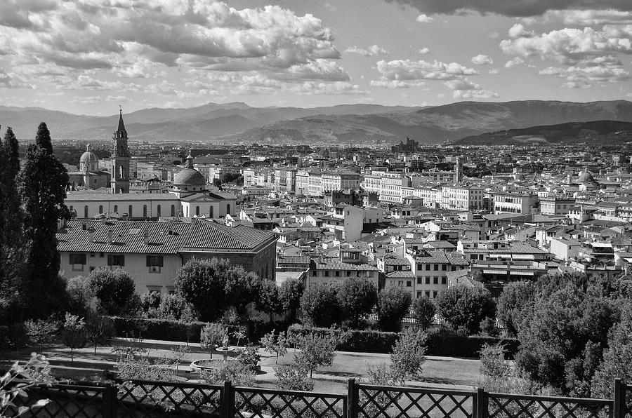 View of Florence Italy from Boboli Observatory Gardens Black and White Photograph by Shawn OBrien